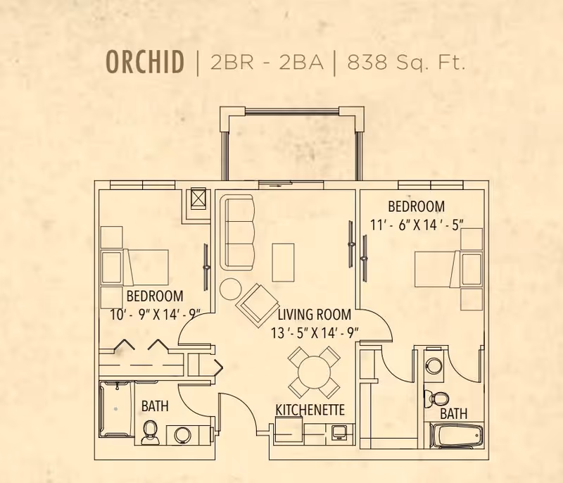 Floor plan for Orchid unit at Sunflower Springs at Trinity showing a 2 bedroom, 2 bathroom layout with a living room and kitchenette. Dimensions for rooms are indicated.