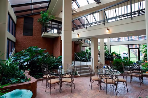Sunlit indoor atrium with metal tables and chairs, abundant potted plants, brick flooring, and a skylit second-floor balcony.
