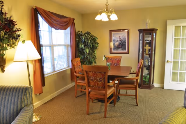 A cozy dining area with a wooden table and four upholstered chairs with patterned fabric. There is a large window with sheer curtains and rust-colored drapes, a floor lamp, a tall green plant, a framed picture on the wall, and a glass display cabinet with decorative items. The room has beige walls and carpeted flooring.