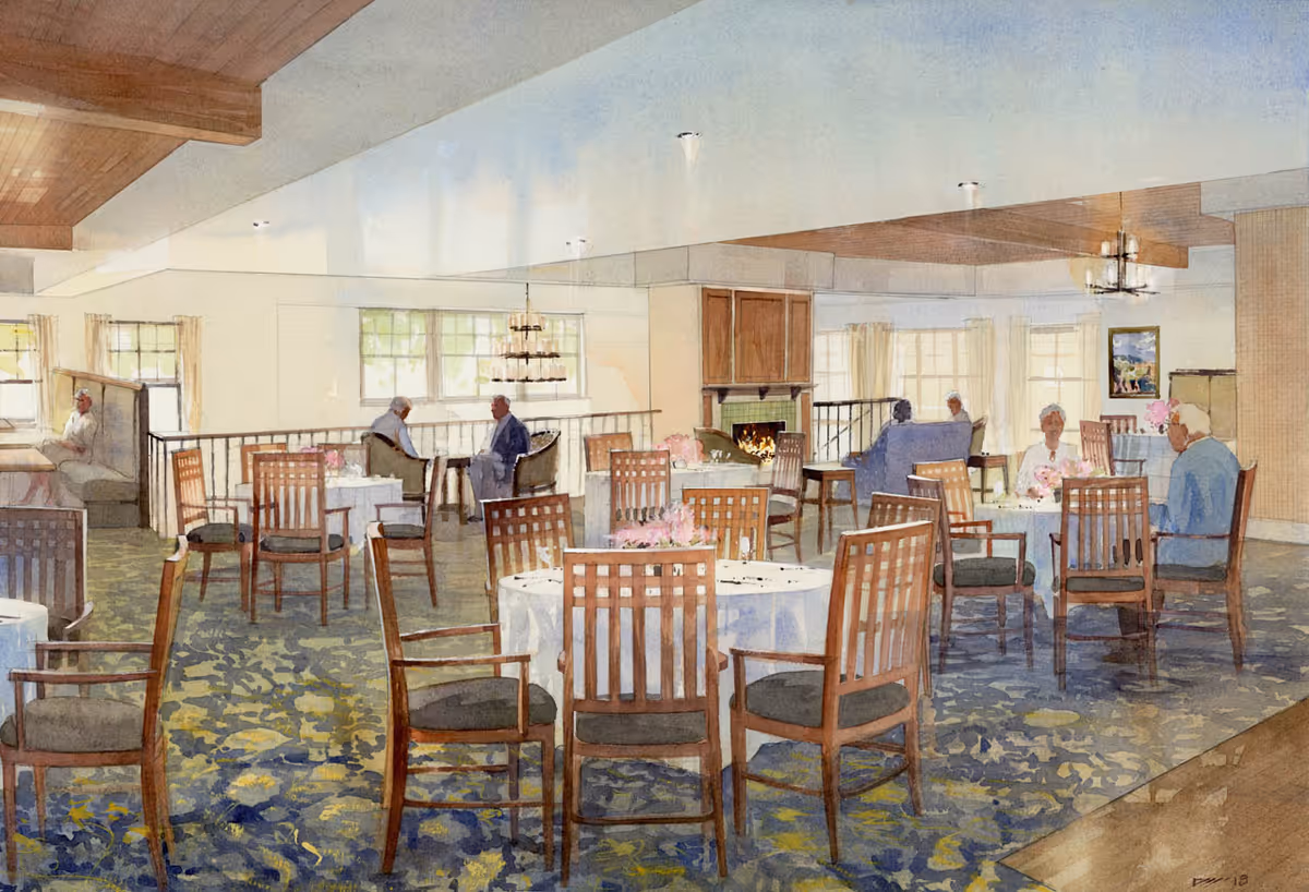 Watercolor illustration of a senior living dining room with round tables, wooden chairs, and residents seated near a fireplace.