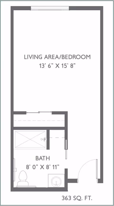 Architectural floor plan of a 363 square foot unit at Traditions at North Willow, showing a combined living area and bedroom measuring 13 feet 6 inches by 15 feet 8 inches, and a bathroom measuring 8 feet by 8 feet 11 inches with a toilet, sink, and shower.