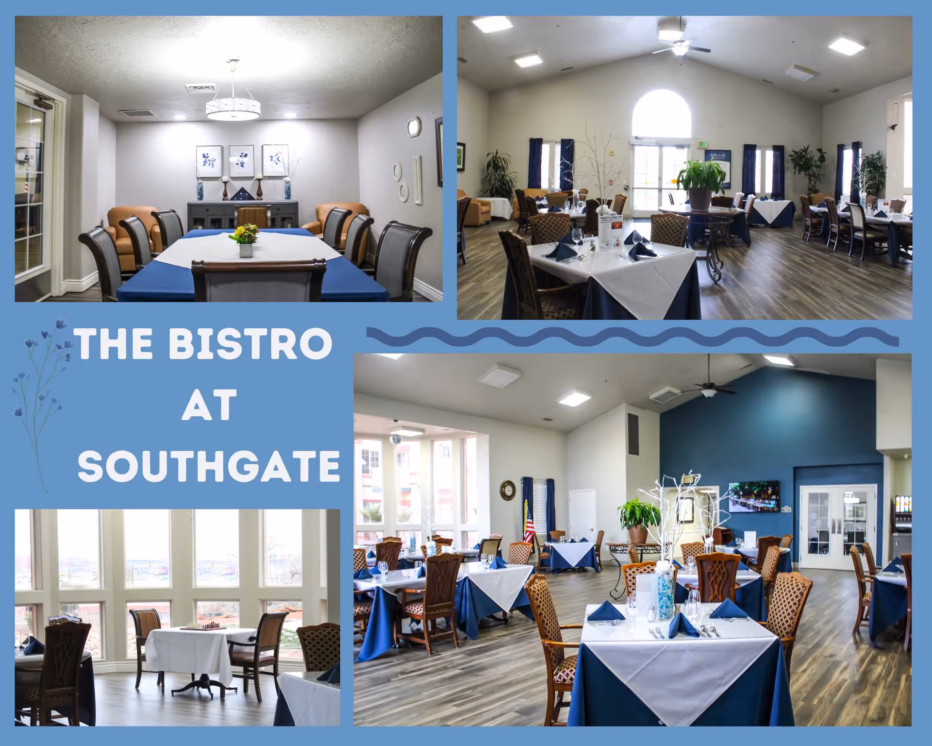 Collage showing the Southgate bistro/dining room with multiple tables set with blue tablecloths and napkins, chairs, and decorative plants.