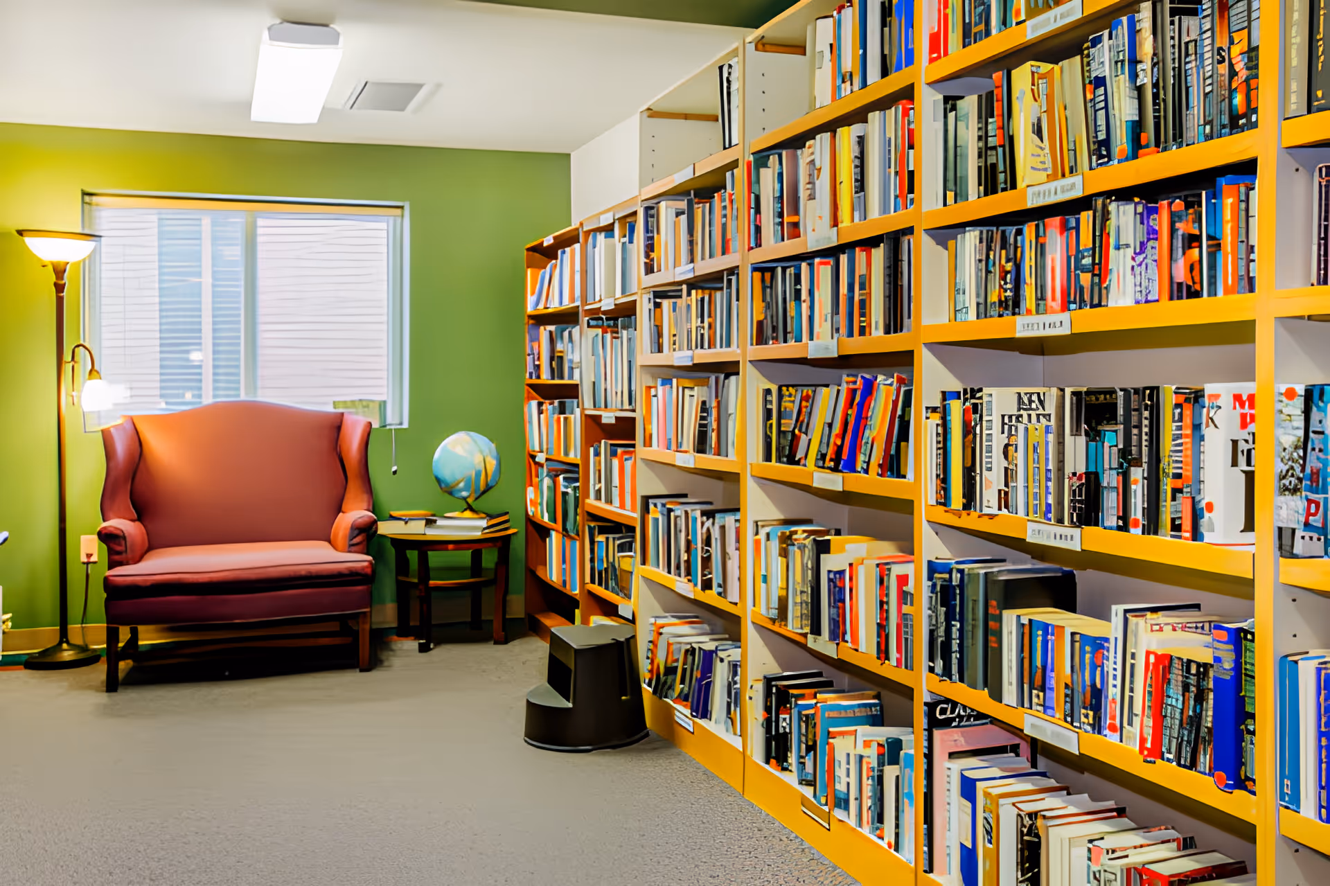 A cozy library room with green walls, a large window, a red upholstered armchair, a floor lamp, a small round table with a globe and books, and multiple bookshelves filled with books.