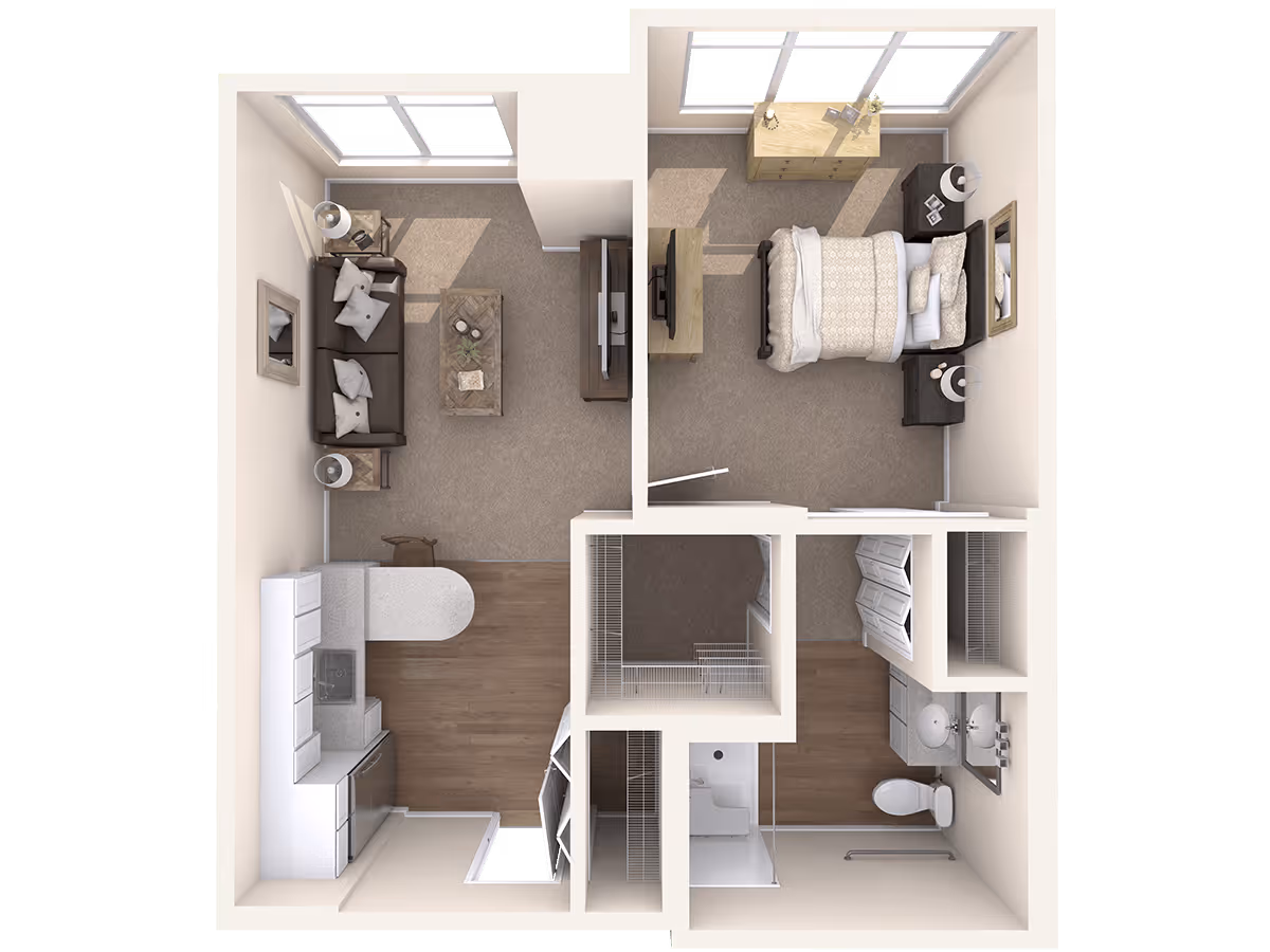 Top-down view of a one-bedroom apartment floor plan showing a living room with a sofa, coffee table, and TV, a kitchen with appliances and counter space, a bedroom with a bed, nightstands, dresser, and TV, and a bathroom with a shower, toilet, and double sink vanity.