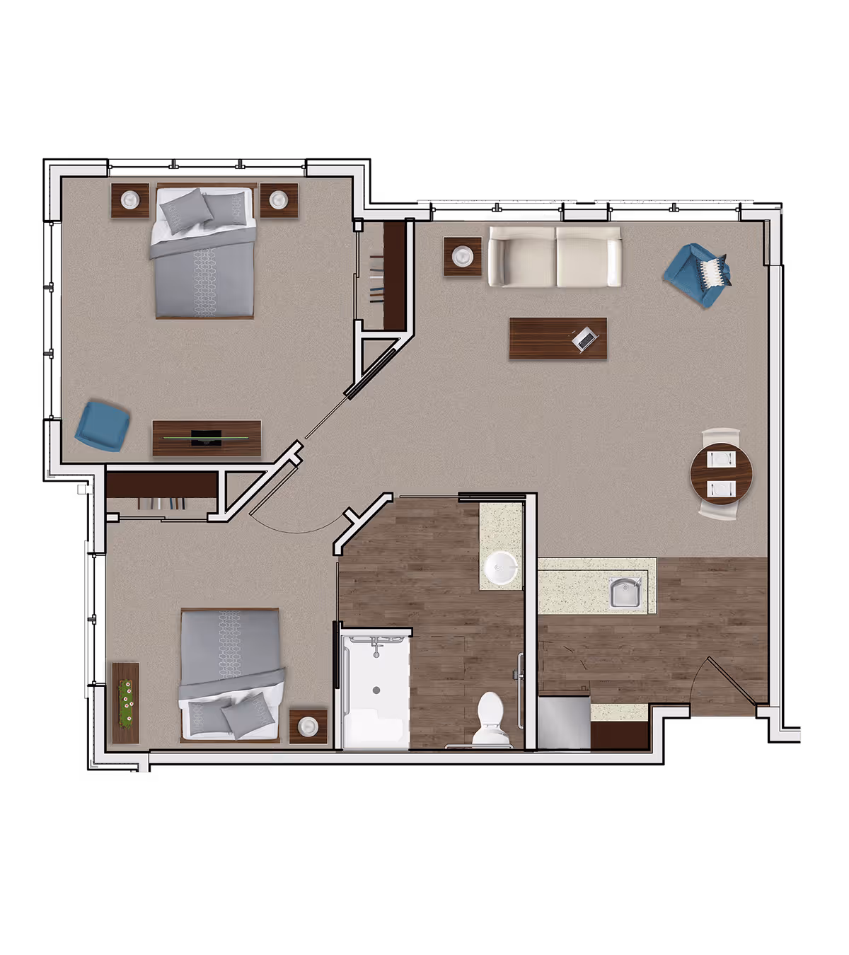Floor plan of a residential unit featuring two bedrooms, a bathroom with a shower and toilet, a living room with a sofa, armchair, coffee table, and side table, a small dining area with a round table and two chairs, and a kitchen area with a sink and countertop.