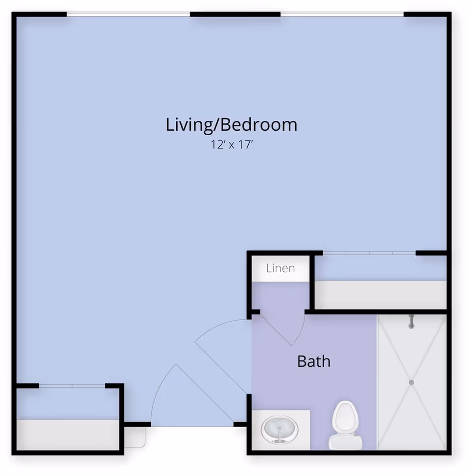 Floor plan of a living/bedroom area measuring 12 feet by 17 feet, connected to a bathroom with a sink, toilet, and shower, and a linen closet adjacent to the bathroom.