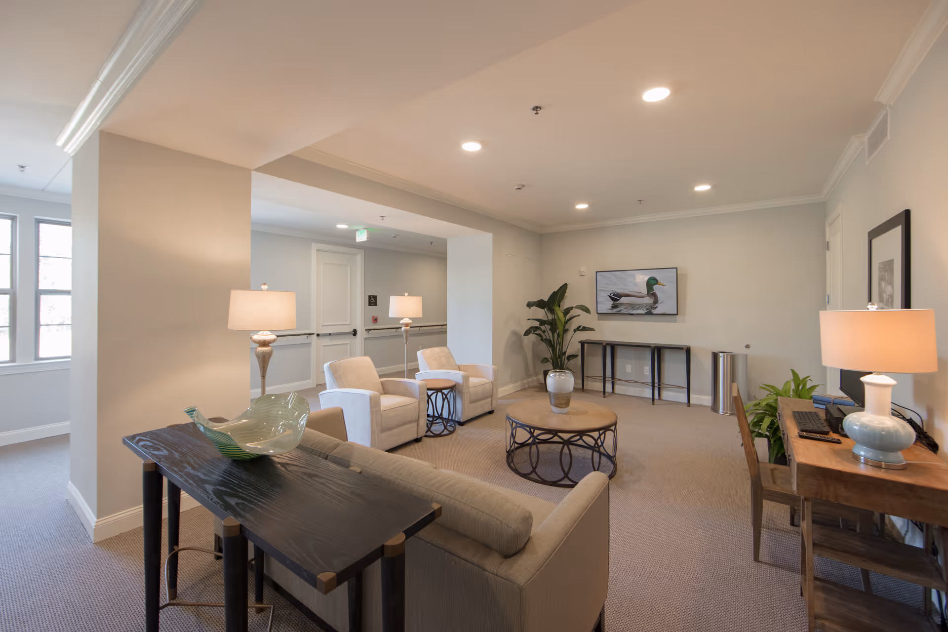 Bright, carpeted communal lounge with sofas and armchairs arranged around coffee tables, lamps, plants, and a wall-mounted duck painting.