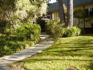 Path leading to the front entrance of The Chalet Montara, surrounded by trees and landscaping.