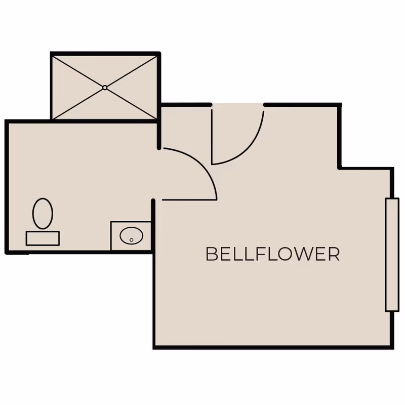 Floor plan labeled Bellflower showing a room with an attached bathroom including a toilet, sink, and shower.