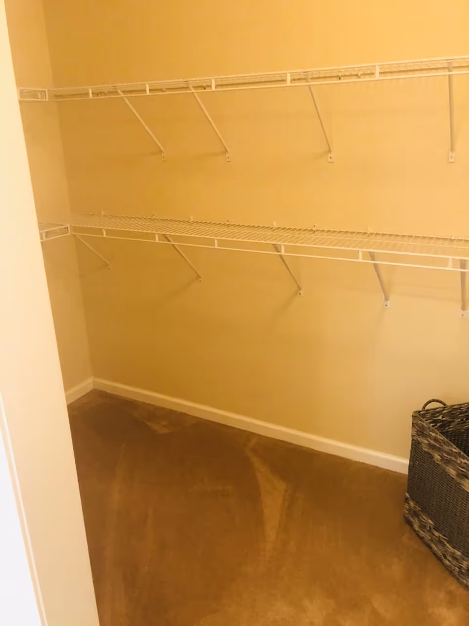 Empty walk-in closet with beige walls and carpeted floor, featuring white wire shelving on two walls and a woven basket in the corner.