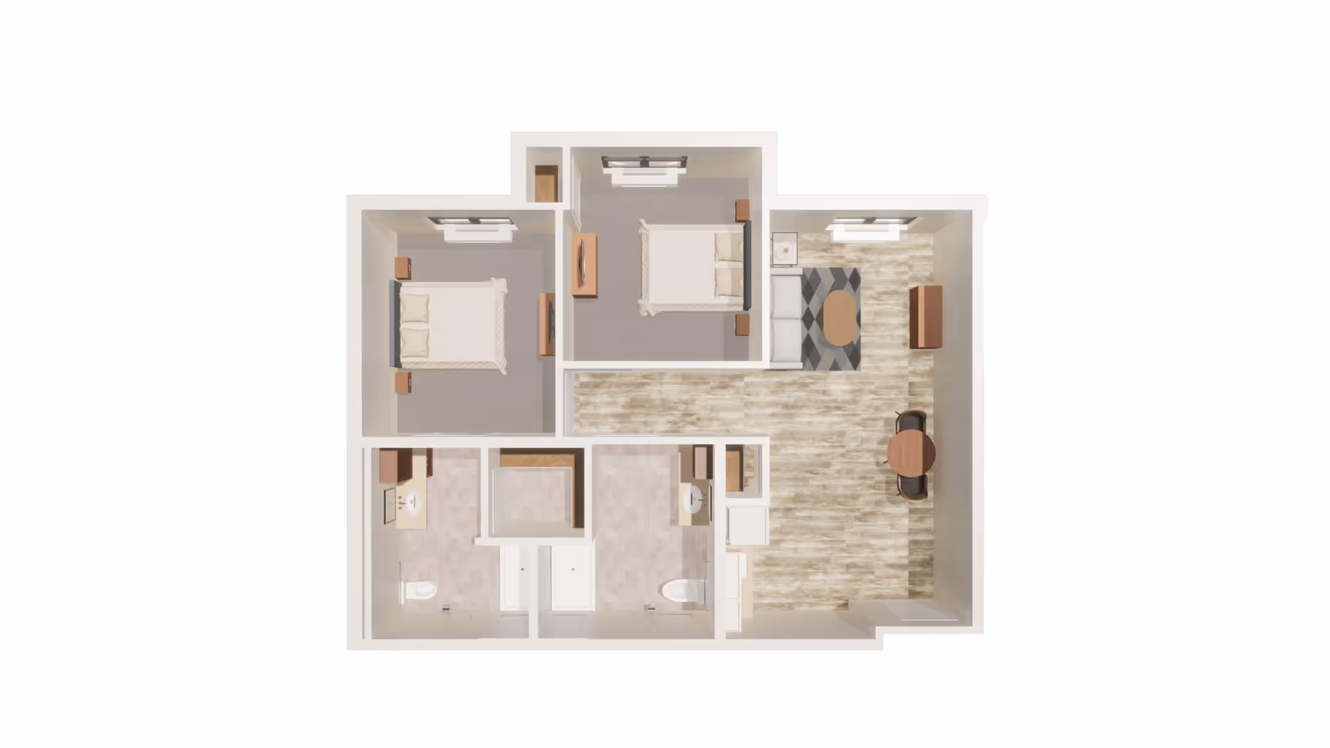 Top-down view of a senior living facility floor plan showing two bedrooms, two bathrooms, and a combined living and dining area with furniture placement.