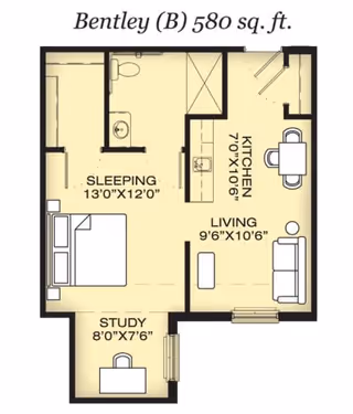 Floor plan of a 580 square foot apartment named Bentley (B) showing a sleeping area measuring 13 feet by 12 feet, a study area measuring 8 feet by 7 feet 6 inches, a kitchen measuring 7 feet by 10 feet 6 inches, and a living area measuring 9 feet 6 inches by 10 feet 6 inches. The layout includes a bathroom adjacent to the sleeping area and a dining table in the kitchen space.