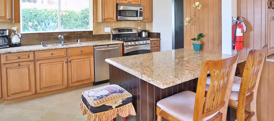A kitchen interior featuring wooden cabinets, a granite countertop island with two wooden chairs, a stainless steel dishwasher, stove, and microwave. A window above the sink lets in natural light, and a small potted plant is placed on the island. A fire extinguisher is mounted on the wooden-paneled wall.