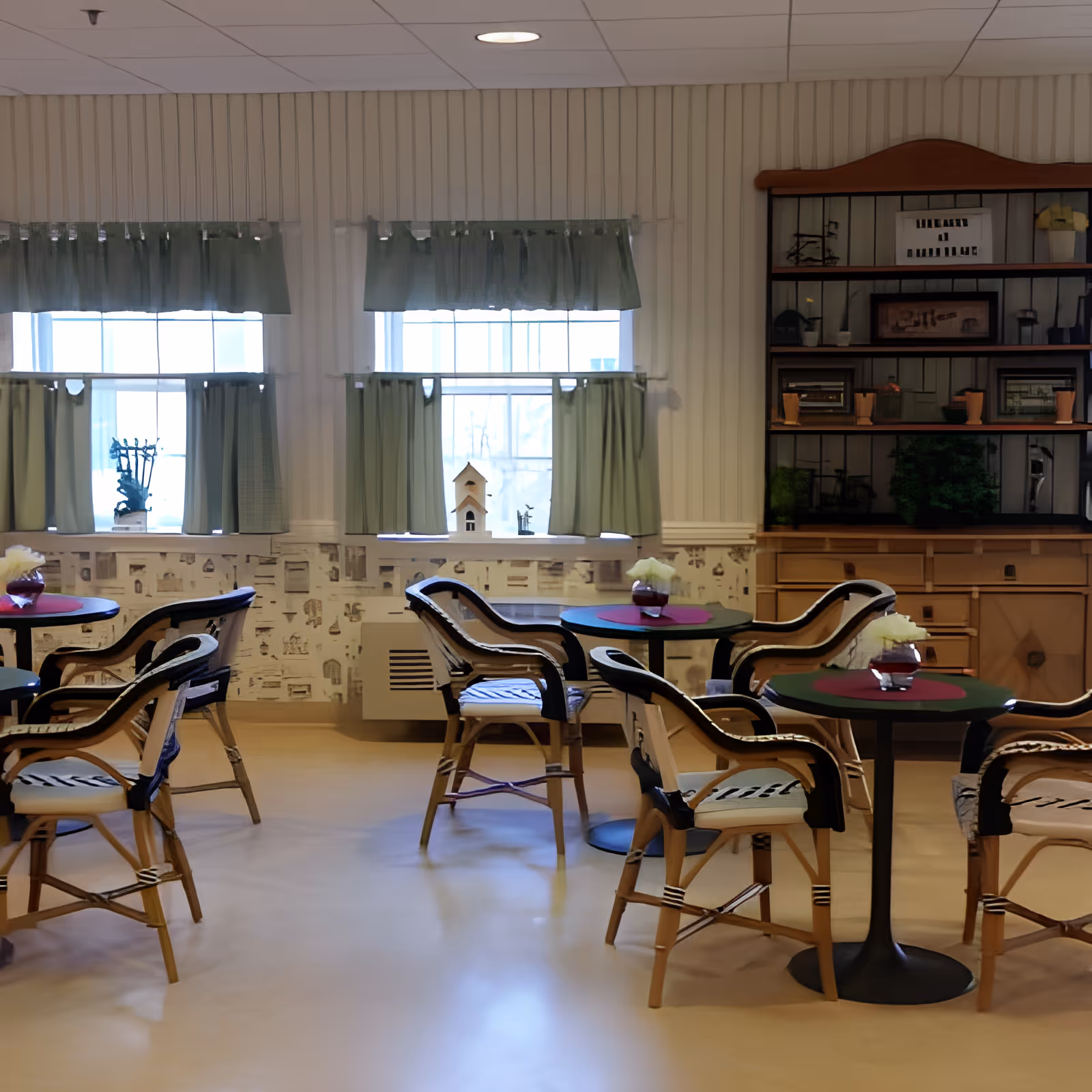 Bright dining area with round tables, wicker-style chairs, and green-curtained windows against a paneled wall.