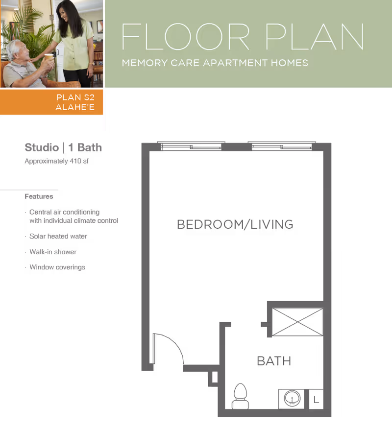 Brochure-style page showing a memory care floor plan header, a small photo of a caregiver with an elderly resident, and text for a Studio 1 Bath plan with features.