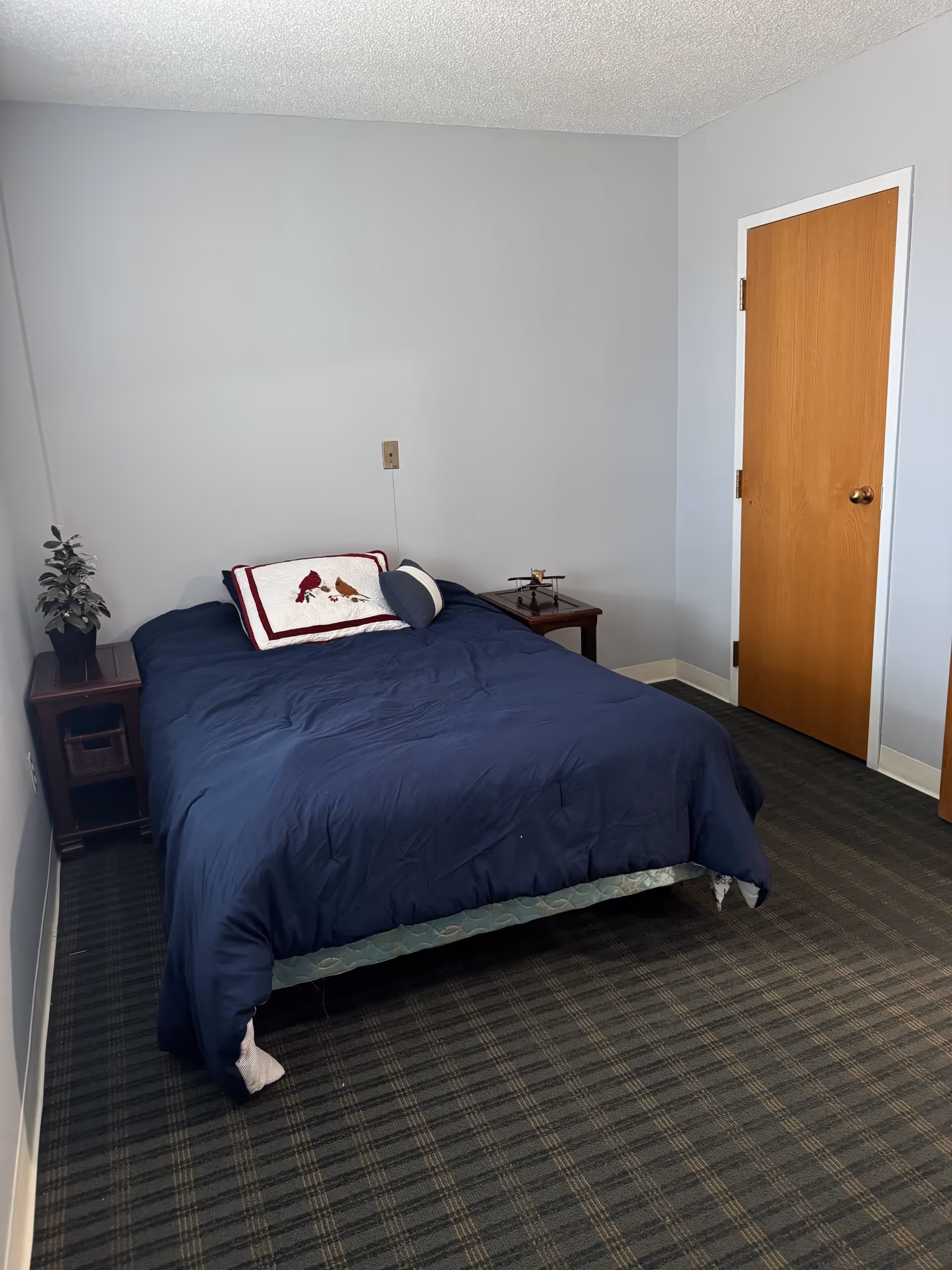 A small bedroom with a bed covered in a dark blue comforter and two pillows, one with a bird design. There are two wooden nightstands on either side of the bed, one with a small potted plant and the other with a decorative item. The walls are light gray, and there is a wooden door on the right side. The floor is carpeted with a plaid pattern.