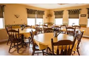 Bright dining room with round tables covered in yellow tablecloths, wooden chairs, and vases of flowers beneath several windows.