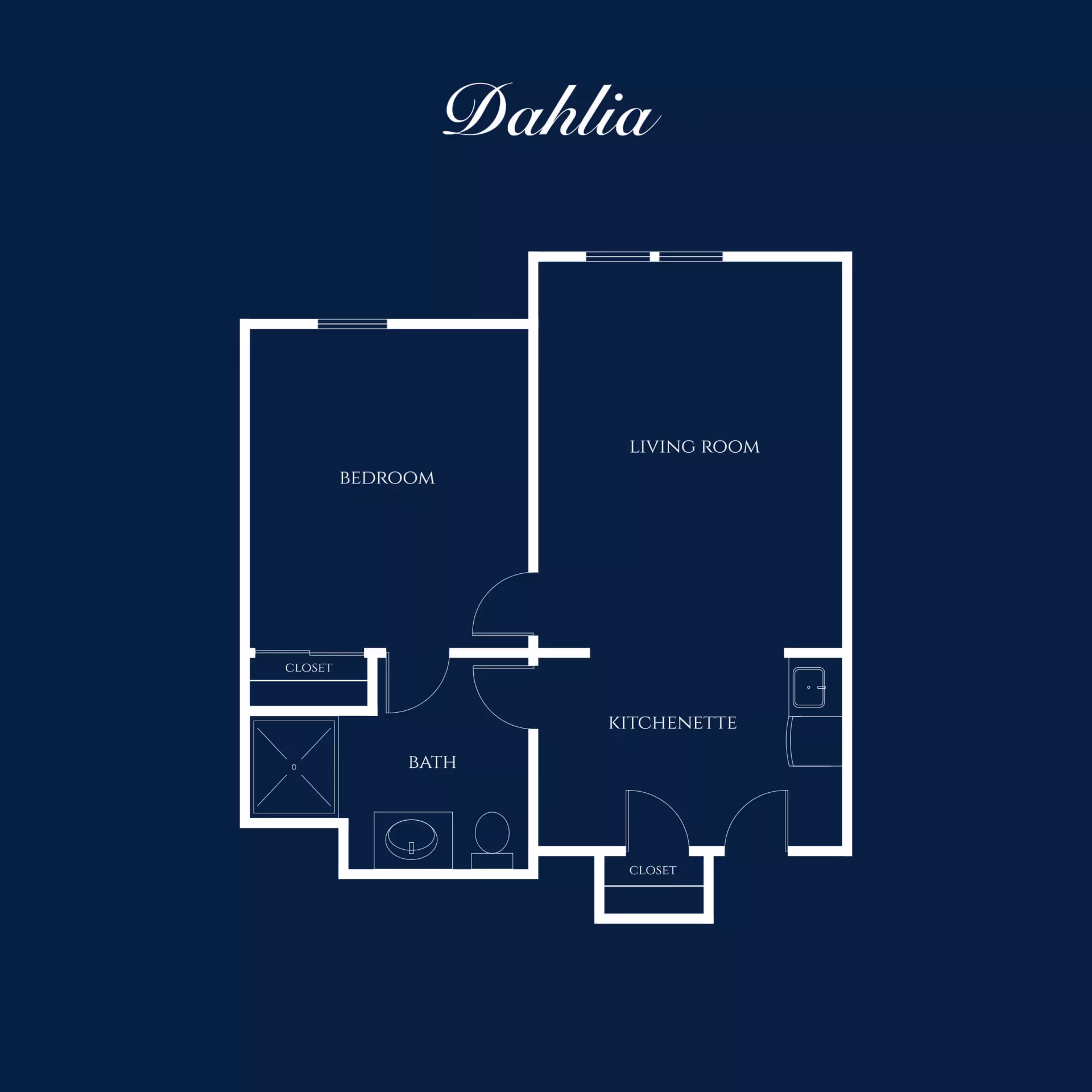 Floor plan labeled Dahlia showing a layout with a bedroom, bath, living room, kitchenette, and closets.