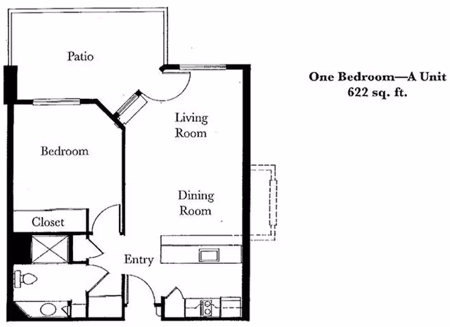Black and white floor plan of a one-bedroom unit measuring 622 square feet. The layout includes a bedroom with a closet, a bathroom, an entry area, a combined living room and dining room, a kitchen, and a patio accessible from the living room.