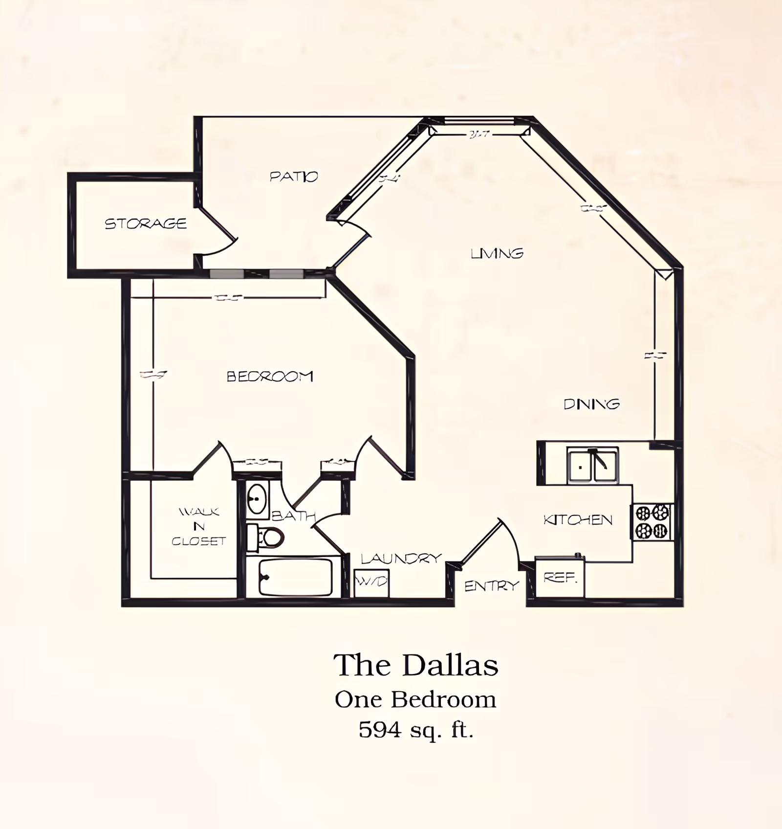 Architectural floor plan of a one-bedroom apartment named The Dallas, featuring a bedroom with walk-in closet, bathroom, laundry area, kitchen with dining space, living room, patio, and storage area, totaling 594 square feet.