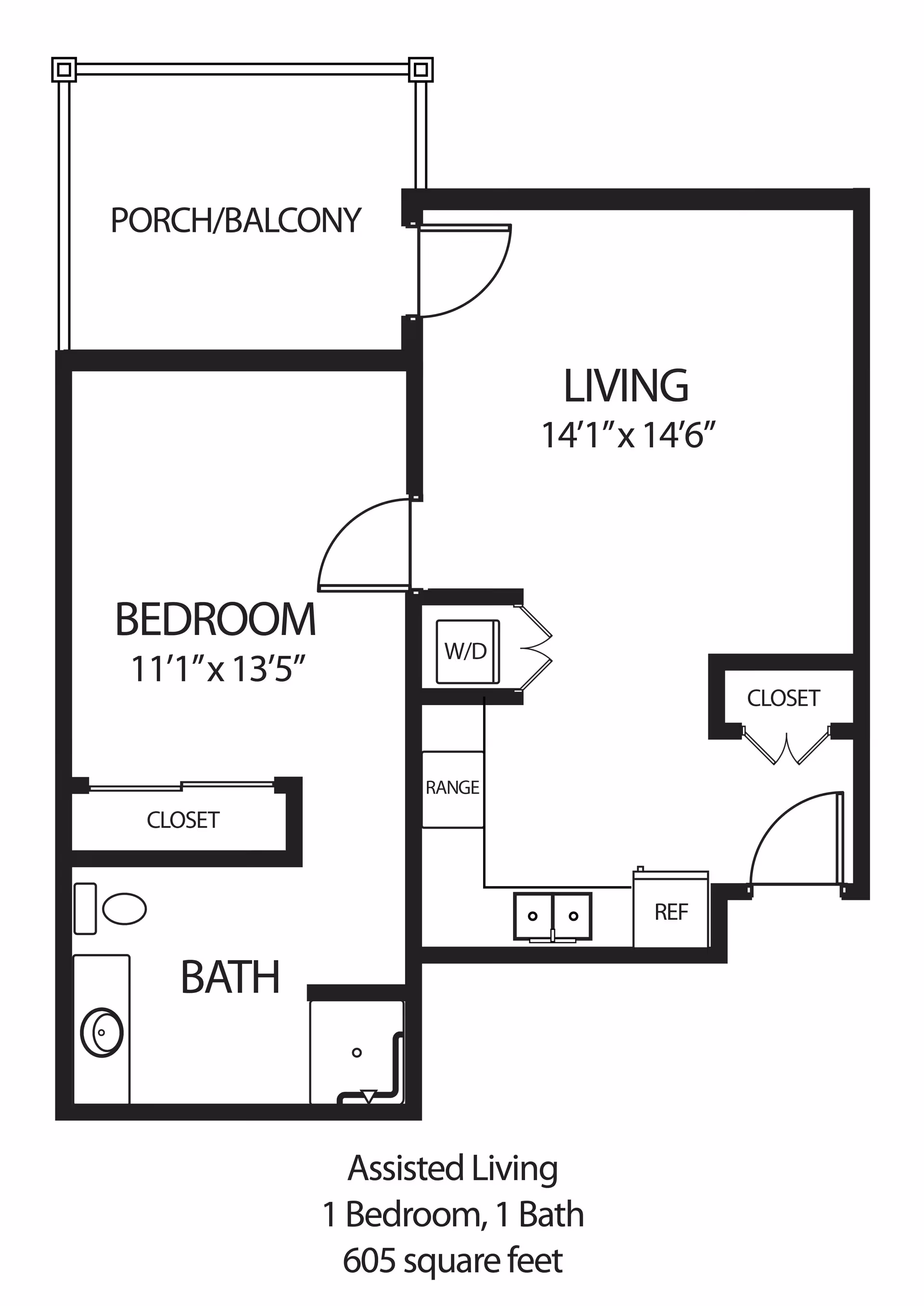 Floor plan of an assisted living unit at The Wellington at Springfield showing 1 bedroom, 1 bathroom, living room, kitchen area with range and refrigerator, washer/dryer, two closets, and a porch/balcony. The total area is 605 square feet.