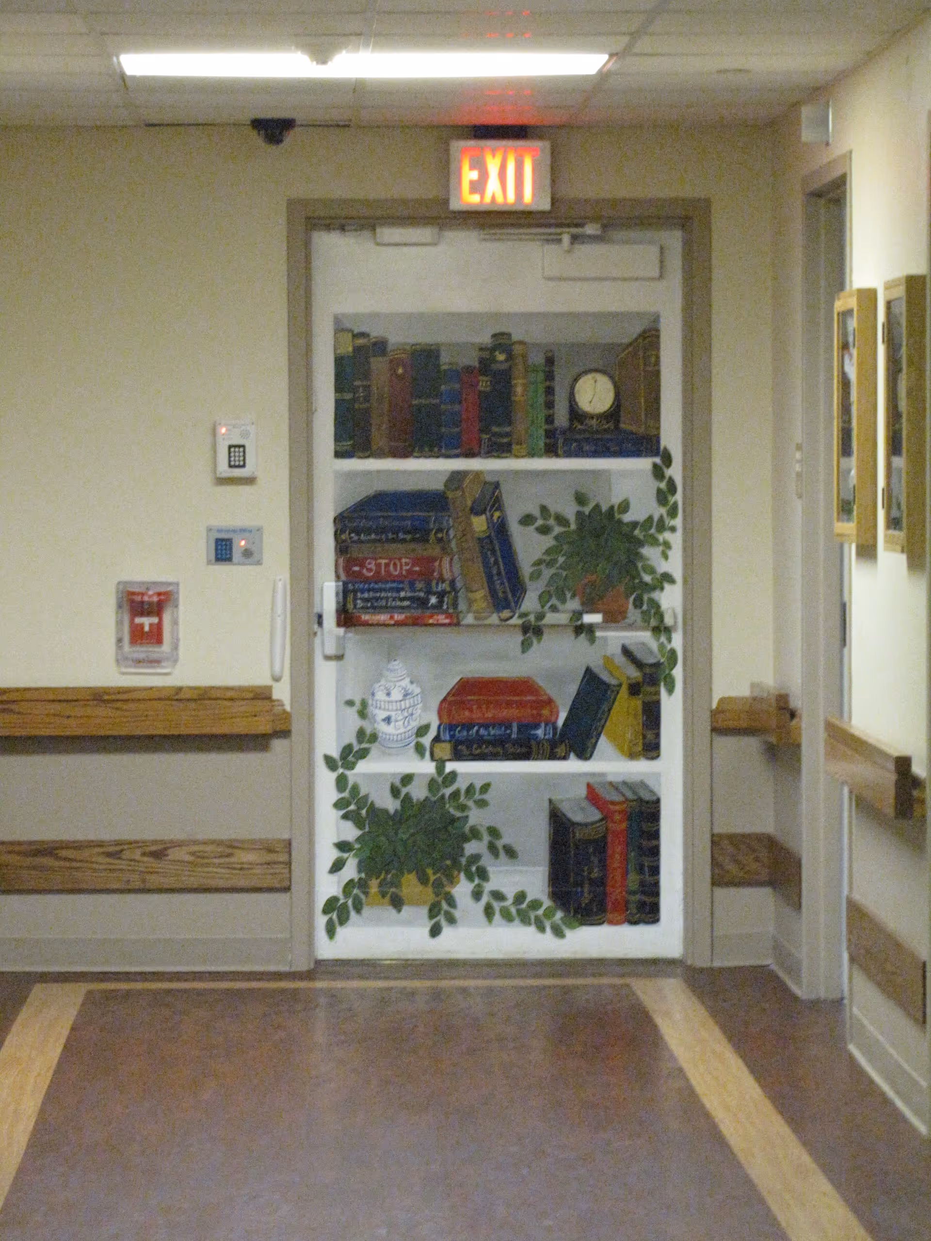 Interior hallway showing a door painted like a bookshelf with books and plants beneath an illuminated EXIT sign.