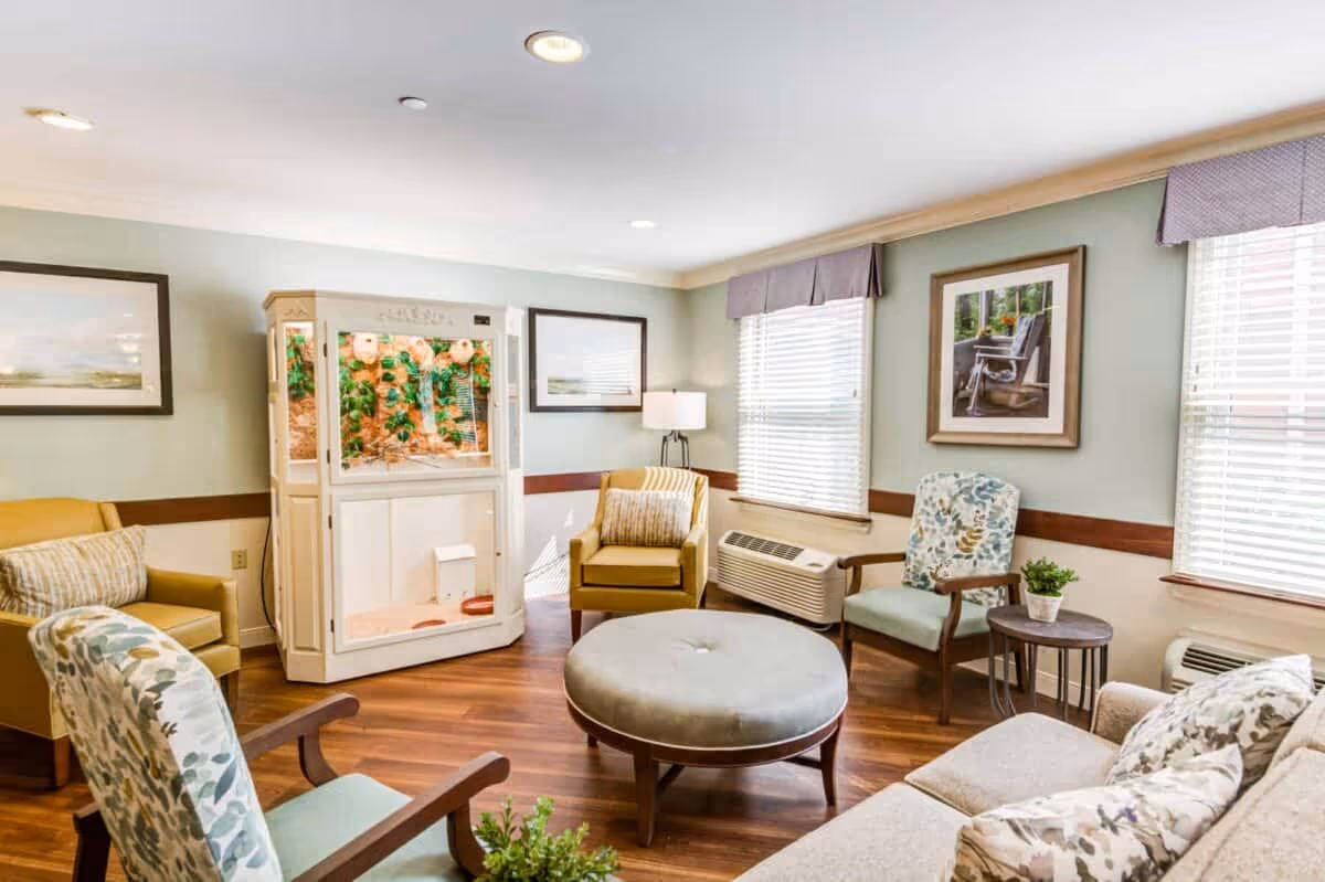 A cozy living room with wooden flooring, featuring a round ottoman in the center, a beige sofa with patterned cushions, two armchairs with floral upholstery, a yellow armchair, a small round side table with a potted plant, two windows with blinds and valances, framed artwork on the walls, and a white cabinet with a glass enclosure containing plants.