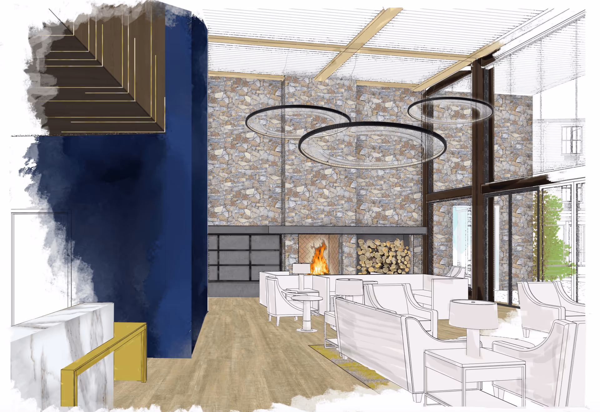 A modern living room with a stone accent wall featuring a lit fireplace and stacked firewood. The room has large floor-to-ceiling windows, light wood flooring, white armchairs and sofas arranged around small tables with lamps, and circular hanging light fixtures. A blue wall and a marble console table with a yellow bench are visible on the left side.