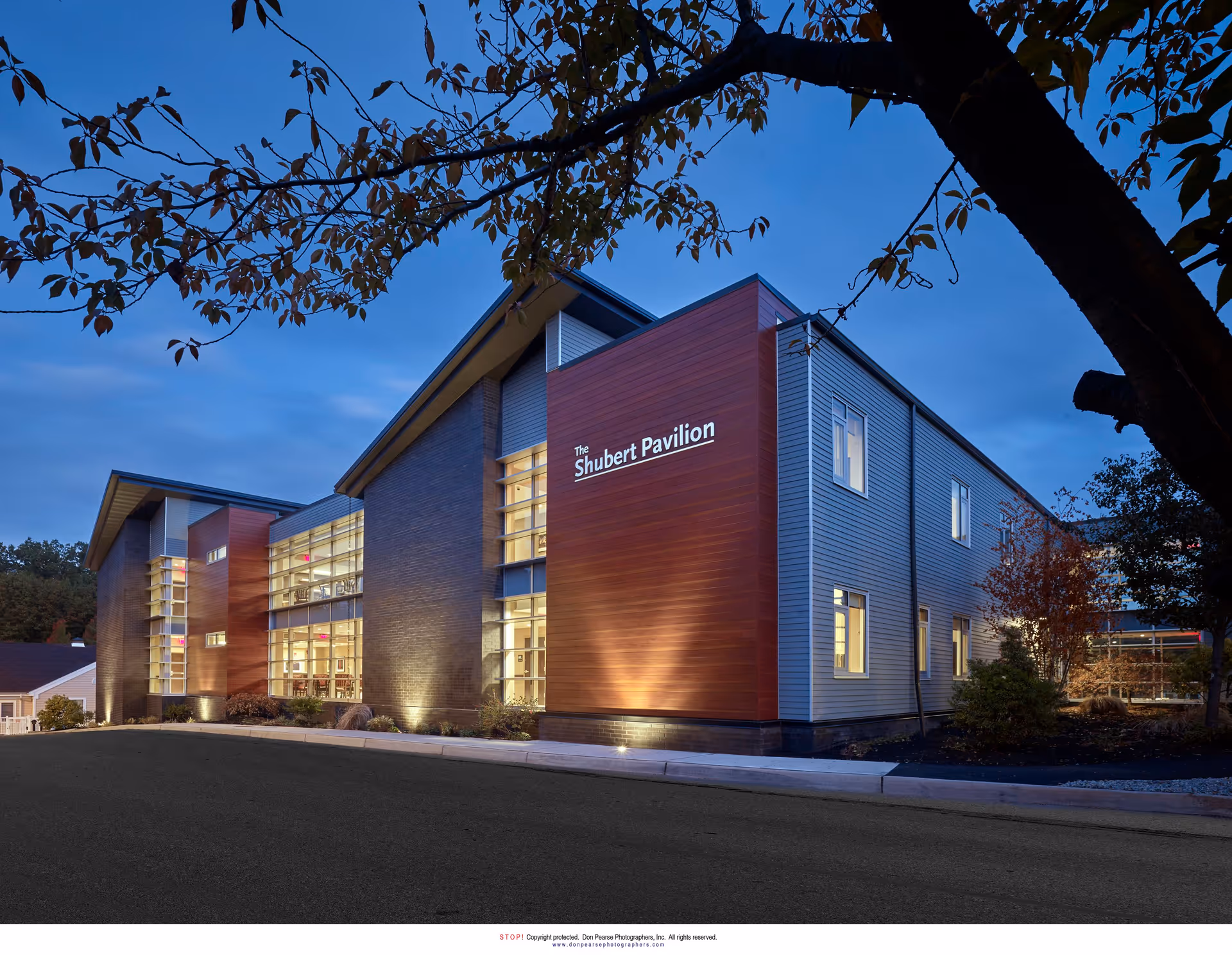 Exterior view of The Shubert Pavilion building at dusk with modern architecture featuring large windows and a combination of wood and metal siding, framed by tree branches in the foreground.