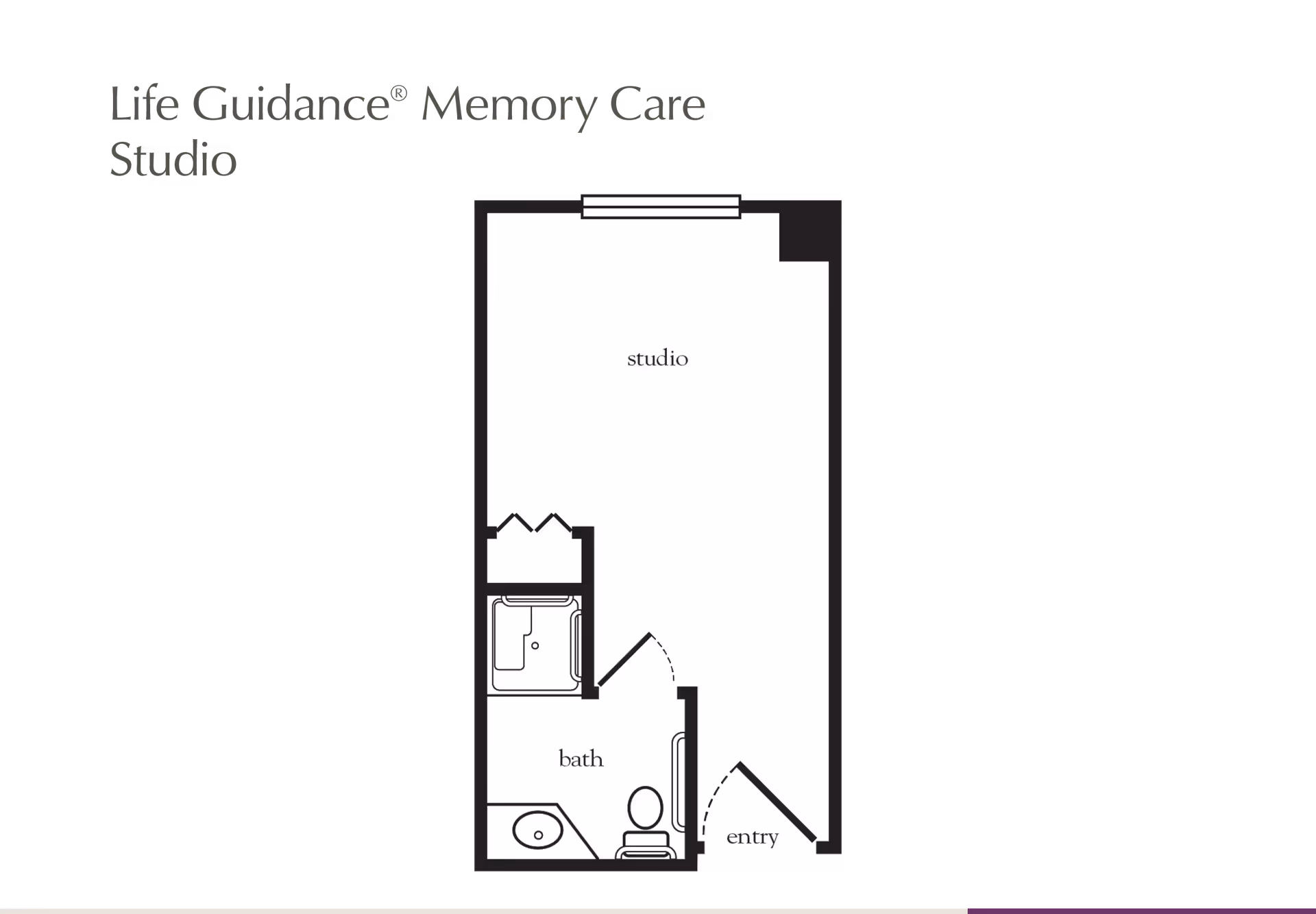 Floor plan layout of a studio apartment in a memory care facility, showing an entry area, a combined studio living space, and a bathroom with a sink, toilet, and shower.