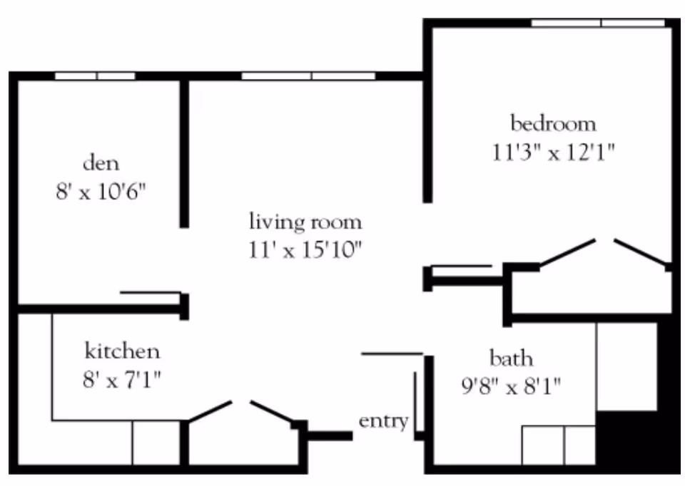 Floor plan of an apartment at Atria Hertlin Place showing a den, kitchen, living room, bedroom, bath, and entry with their respective dimensions.