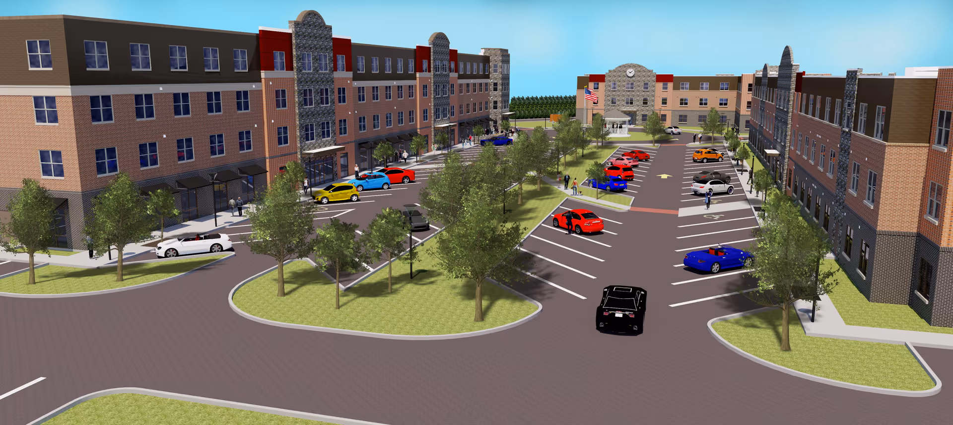 A digital rendering of Hopkins Commons showing a large parking lot with multiple cars and trees. The scene includes three multi-story brick buildings surrounding the parking area, with people walking on sidewalks. The building in the background has a clock and an American flag in front.