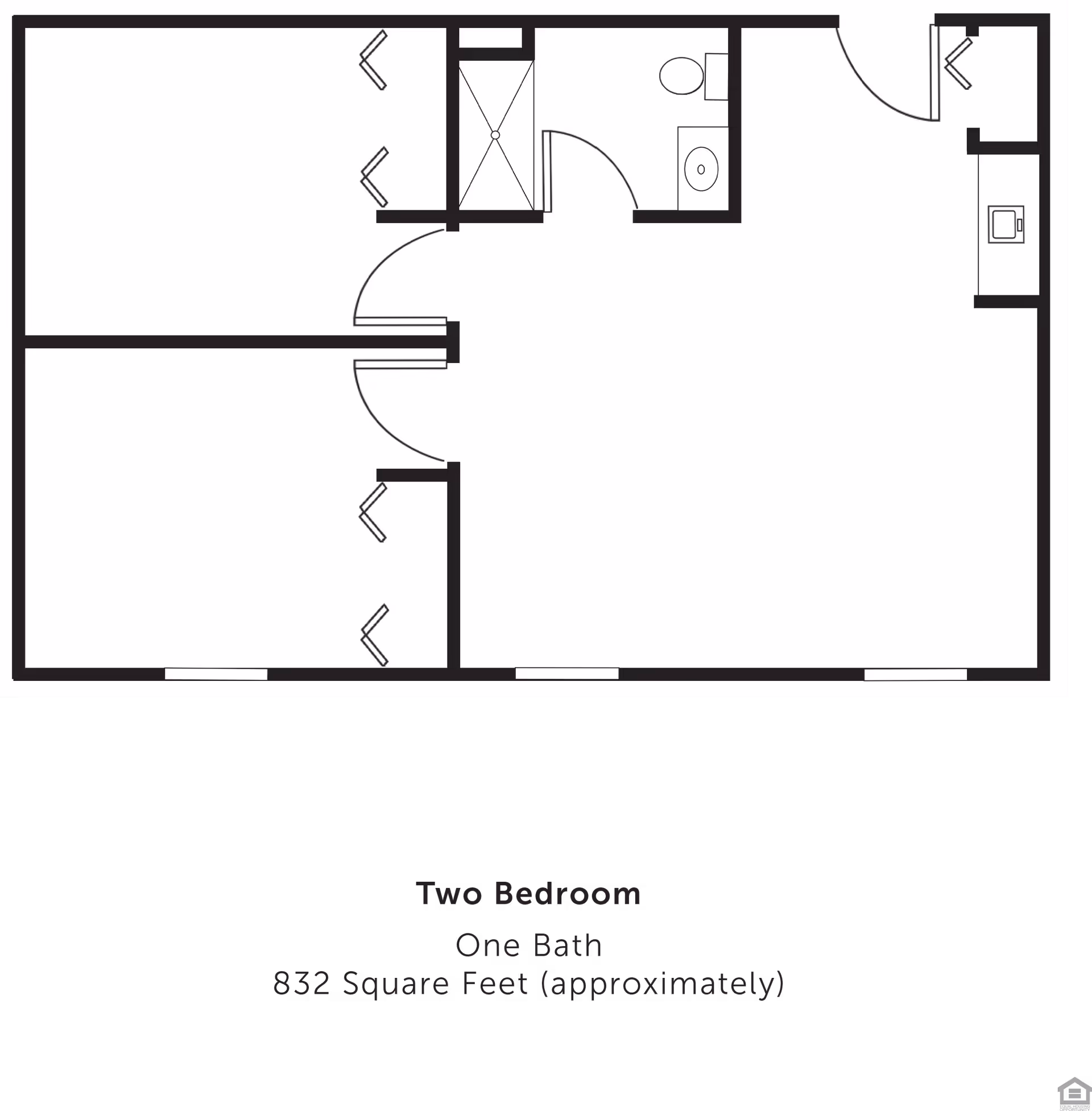 Floor plan of a two-bedroom, one-bath apartment with approximately 832 square feet. The layout includes two bedrooms, a bathroom with a shower, a kitchen area, and a living space. Closets are present in the bedrooms and near the entrance.
