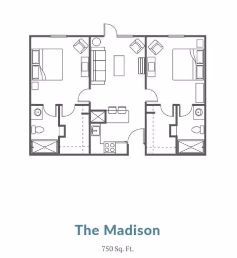 Floor plan of The Madison apartment layout showing two bedrooms, two bathrooms, a central living room with seating, and a kitchen area. The total area is 750 square feet.