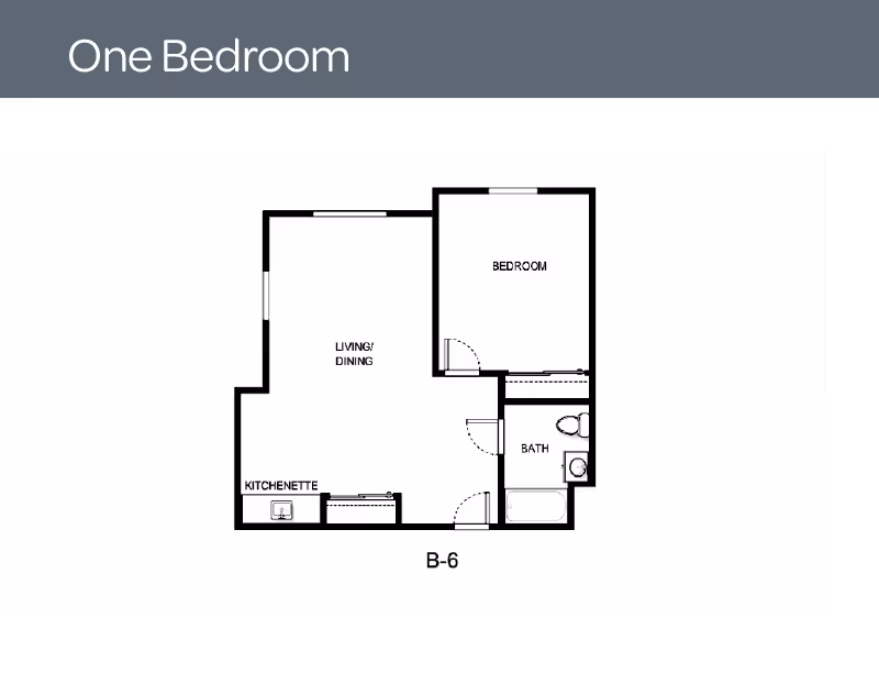 Floor plan labeled One Bedroom showing a layout with a bedroom, bath, kitchenette, and combined living/dining area. The plan is identified as B-6.