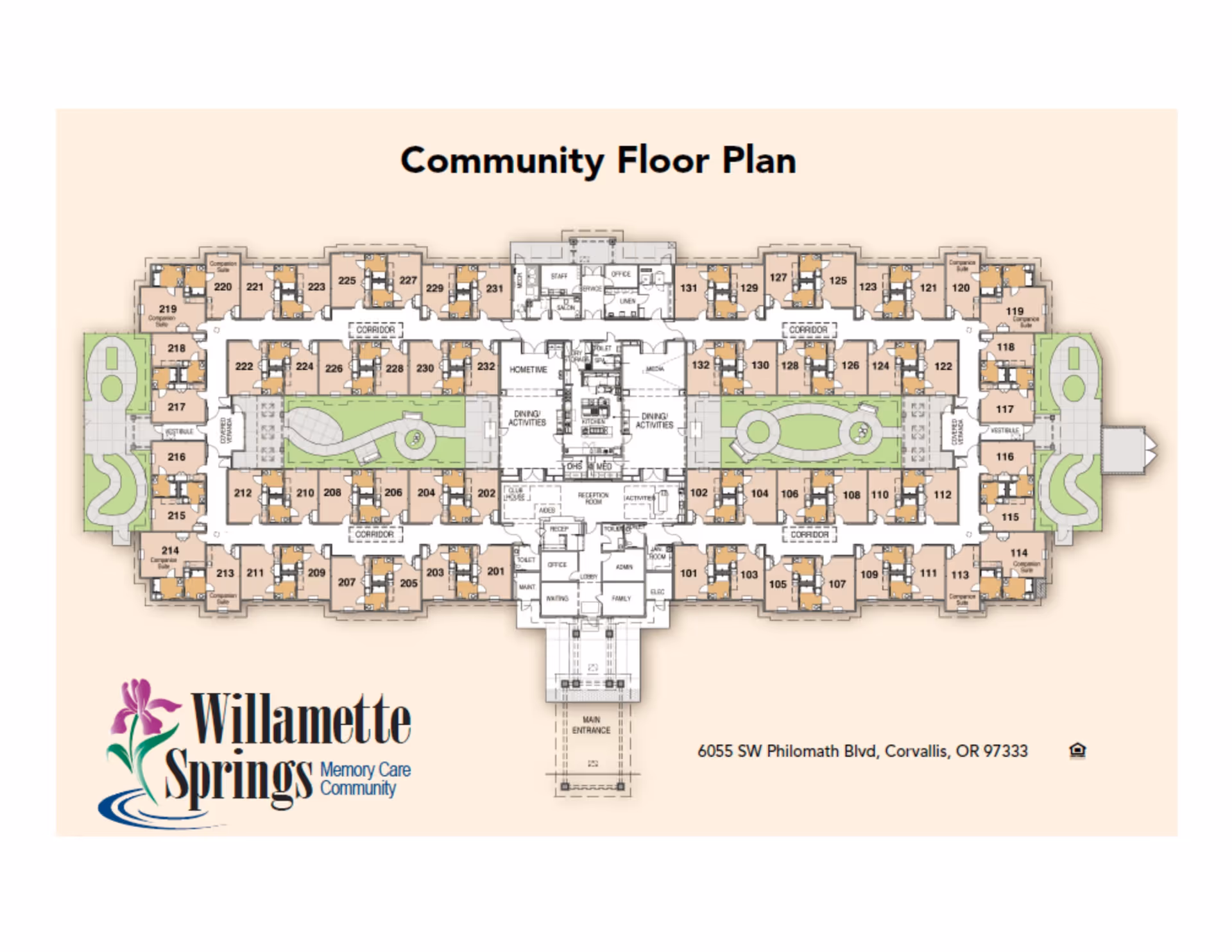 Community floor plan map showing the layout of rooms, corridors, and central courtyards for a memory care facility.