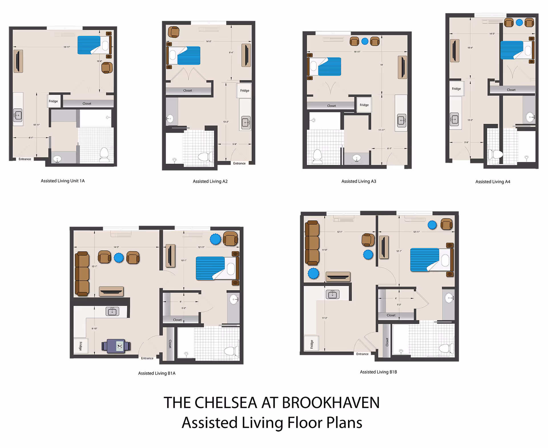 Floor plans for assisted living units at The Chelsea at Brookhaven, showing layouts for units 1A, A2, A3, A4, B1A, and B1B with labeled rooms including bedroom, bathroom, kitchen, closet, and living areas.