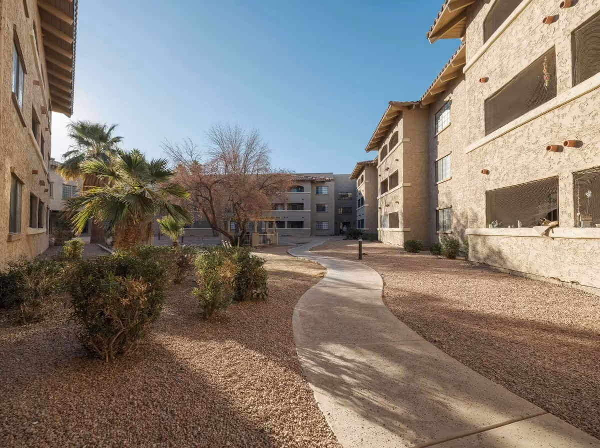 Outdoor courtyard area of a senior living facility with a winding concrete pathway, desert landscaping including bushes and palm trees, and beige stucco buildings on either side under a clear blue sky.