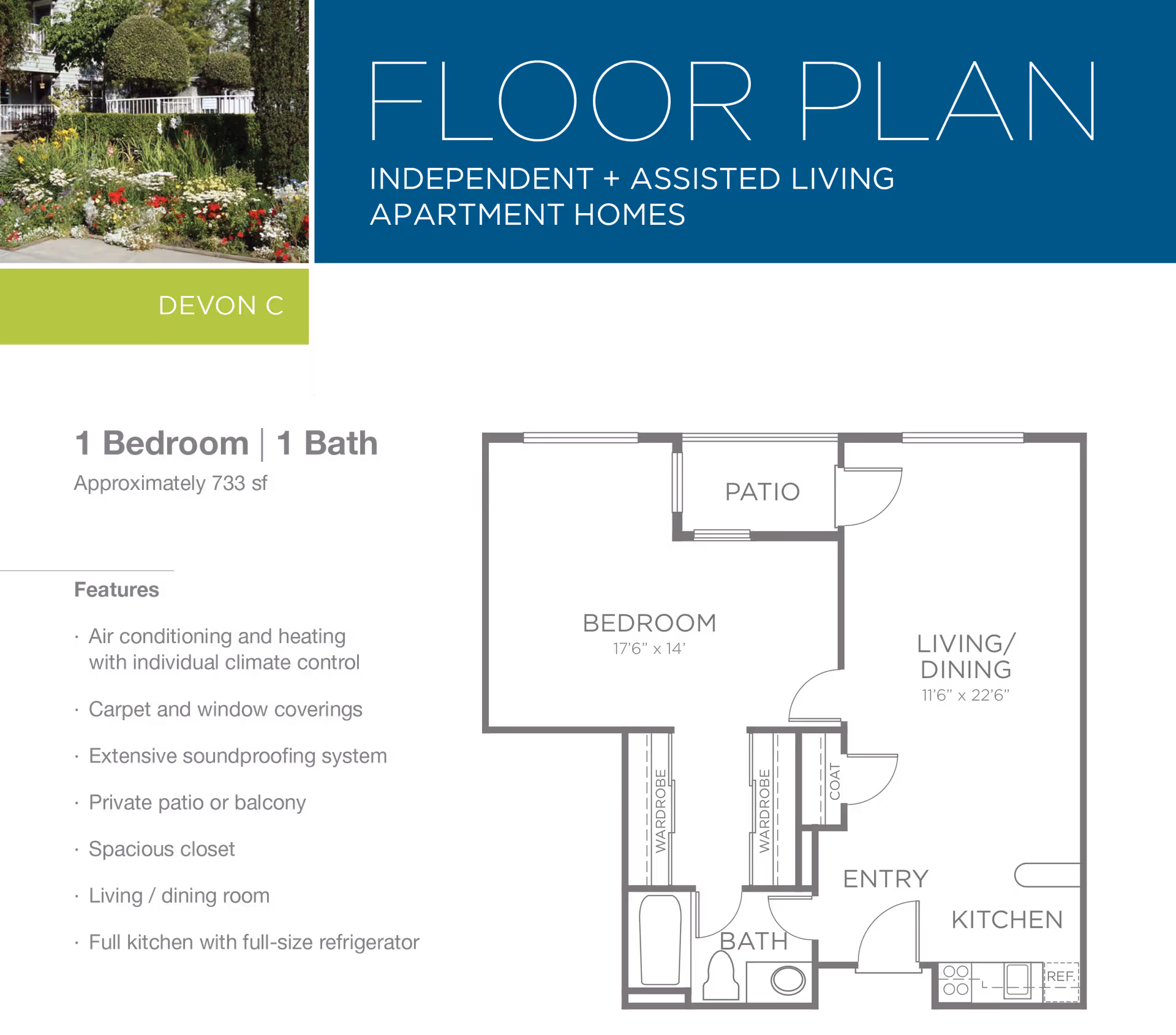 Floor plan for Devon C apartment at Byron Park showing 1 bedroom and 1 bathroom with approximately 733 square feet. The layout includes a bedroom with patio access, a living/dining room, kitchen, bathroom, entry, and closets. Features listed include air conditioning and heating with individual climate control, carpet and window coverings, extensive soundproofing system, private patio or balcony, spacious closet, living/dining room, and full kitchen with full-size refrigerator. A small photo of a garden with flowers and greenery is visible in the top left corner.
