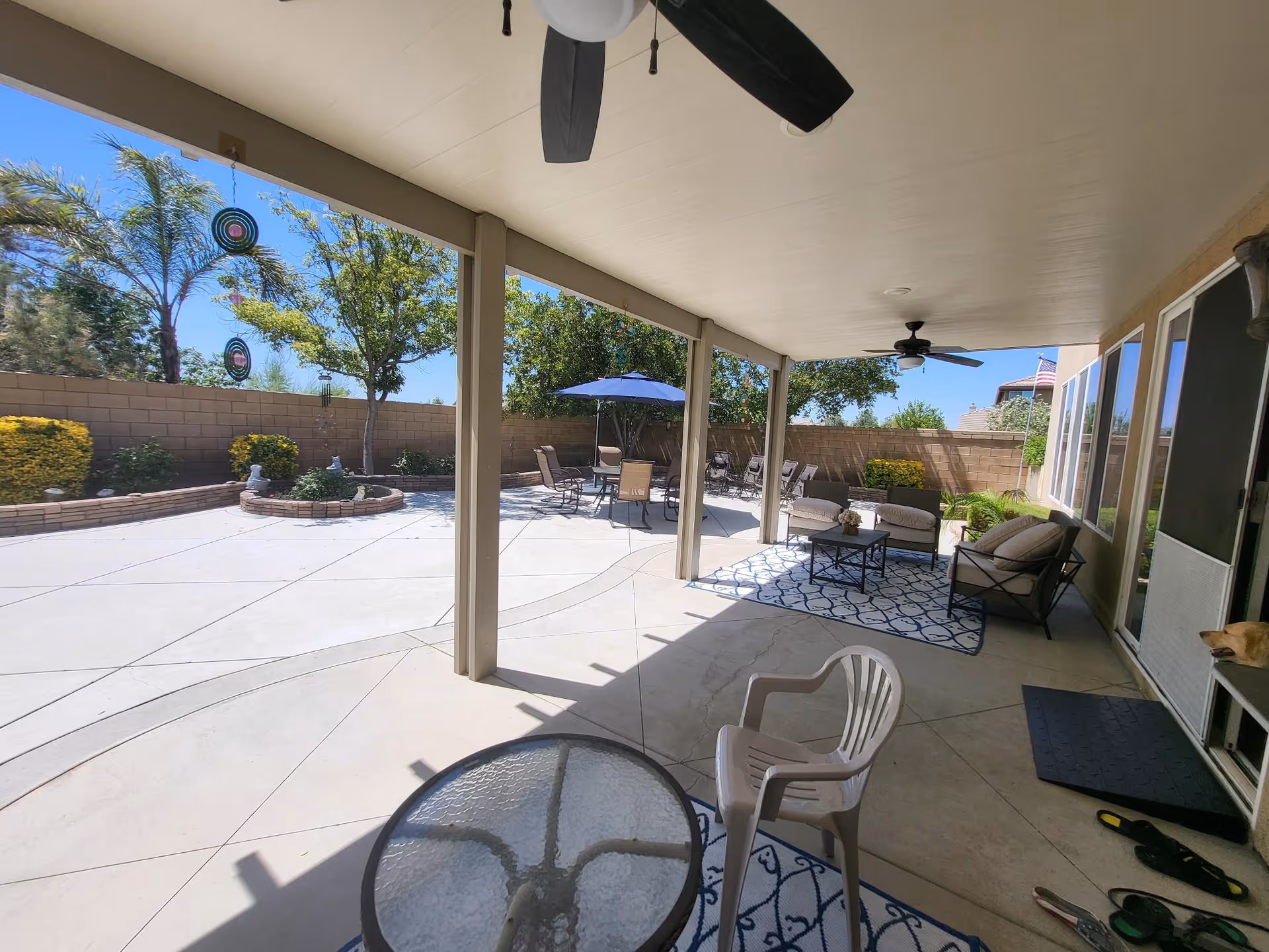 Covered outdoor patio area with ceiling fans, cushioned seating, a glass-top table with a plastic chair, and a blue patterned rug. Beyond the patio is a spacious concrete yard with a round table and chairs under a blue umbrella, surrounded by trees and bushes along a brick wall fence under a clear blue sky.