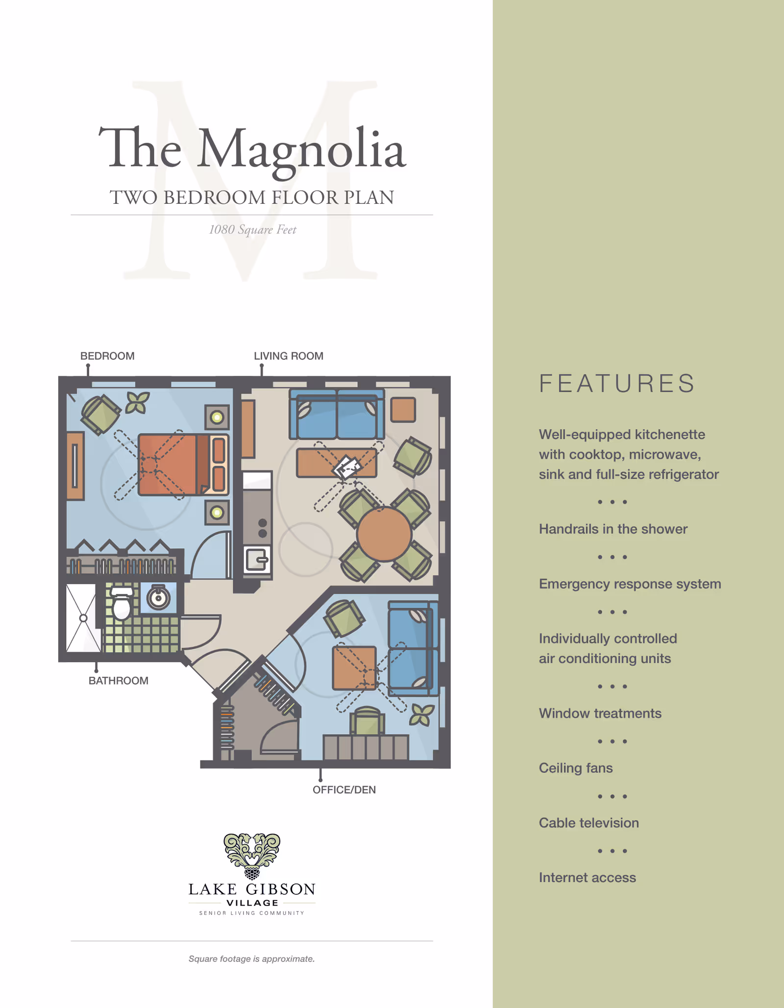 Illustrated two-bedroom floor plan titled "The Magnolia" with labeled rooms, a features list, and Lake Gibson Village logo.