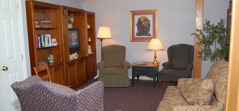 A cozy living room with a patterned sofa and armchair, two additional armchairs, a wooden entertainment center with a TV and shelves holding books and decorative items, two table lamps on side tables, a framed picture on the wall, and a potted plant in the corner.