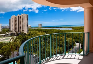View from a curved balcony with green railings overlooking a lush green area, tall buildings, and a body of water under a blue sky with some clouds.