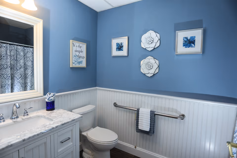 A blue-walled bathroom with a white vanity and sink, toilet, decorative wall art, and a grab bar with a towel.