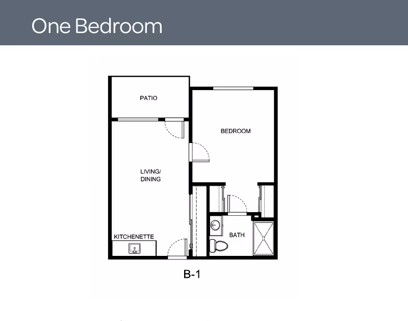Floor plan of a one-bedroom unit labeled B-1 showing a patio, living/dining area, kitchenette, bedroom, and bathroom.