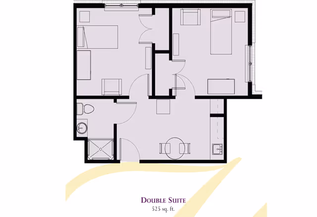 Floor plan of a double suite at HeartFields Assisted Living at Easton, showing two bedrooms, a bathroom, and a combined living and kitchen area, covering 525 square feet.
