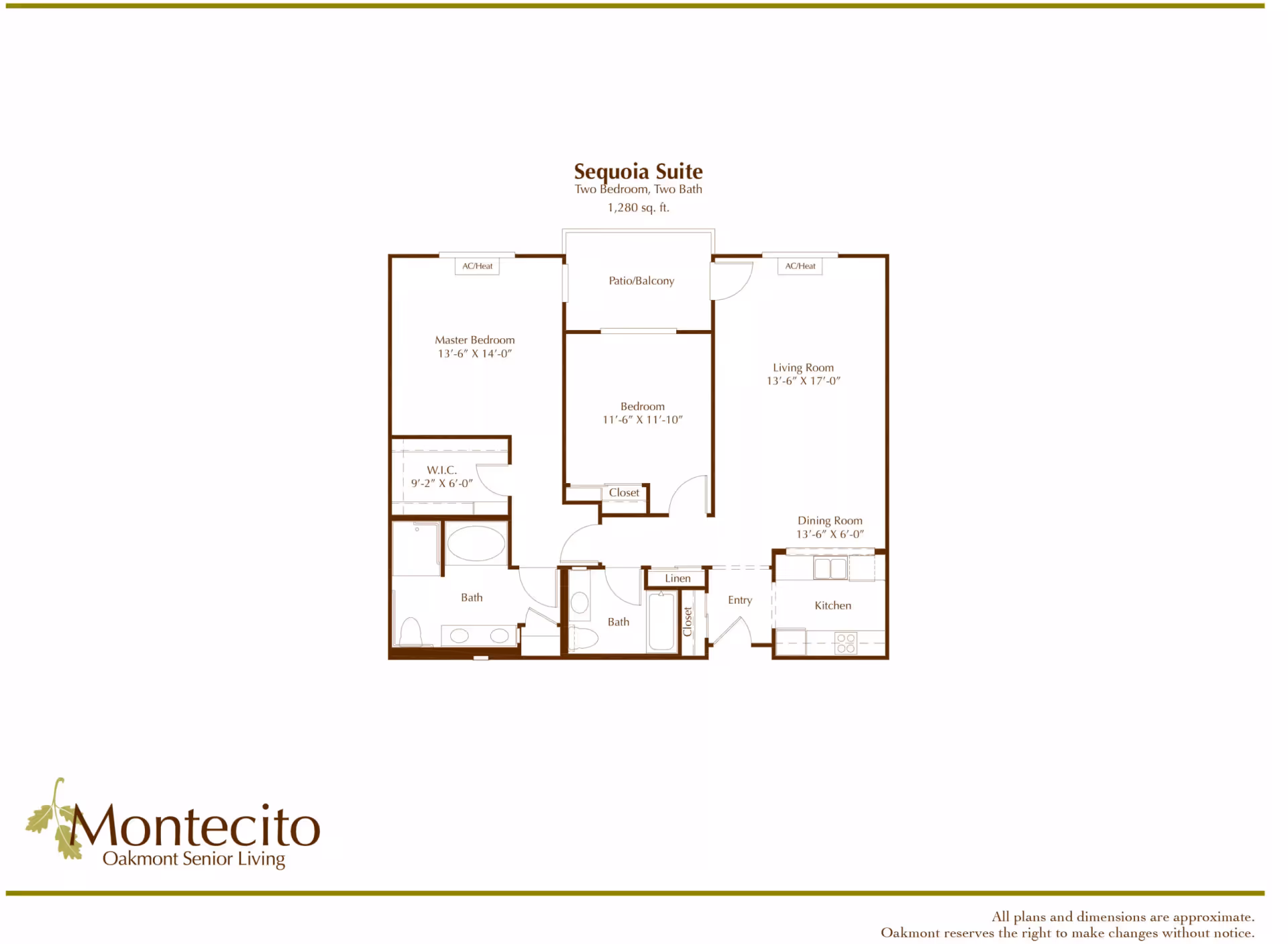 Floor plan of the Sequoia Suite at Oakmont of Montecito, showing a two-bedroom, two-bath layout with a master bedroom, second bedroom, living room, dining room, kitchen, two bathrooms, walk-in closet, linen closet, entry, and patio/balcony. Dimensions for each room are included.