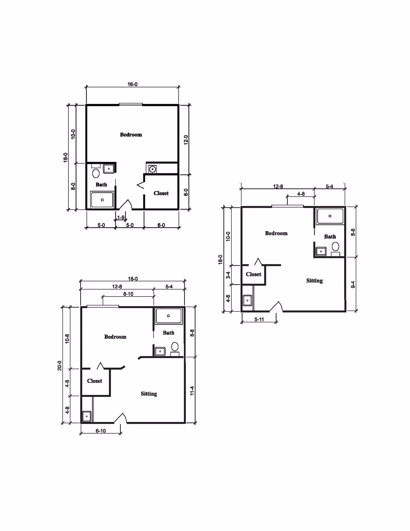 Architectural floor plans showing three different layouts of rooms with labeled areas including bedroom, bath, closet, and sitting spaces, along with measurements in feet and inches.