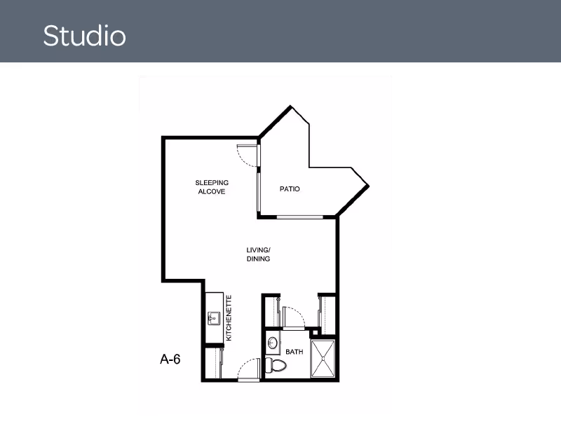 Floor plan of a studio apartment labeled A-6 showing a sleeping alcove, living/dining area, kitchenette, bath, and patio.