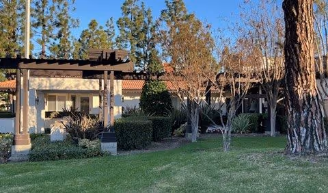 Outdoor garden area with green grass, trees, and shrubs in front of a single-story building with a tiled roof and a wooden pergola structure.